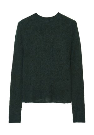 Dunkelgrüner Strickpullover mit rundem Ausschnitt, langen Ärmeln und leicht gekürztem Saum. Strukturstoff mit lockerer Strickoptik.