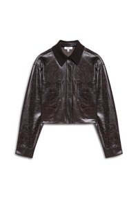 Geknipte jas in donkerbruin faux leer, met een kraag, knoopsluiting en twee borstzakken met een gestructureerde afwerking.