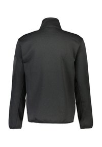 Schwarze Jacke mit hohem Kragen, langen Ärmeln und glatter Textur. Verfügt über Schulterpatches und einen geraden Saum für einen sauberen Abschluss.