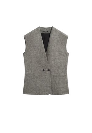 Szara bezrękawnikowa kamizelka z głębokim dekoltem w serek, dwoma przednimi guzikami i dwoma poziomymi kieszeniami z rozcięciami, podszyta czarną tkaniną.