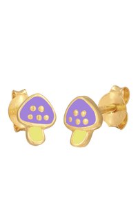 Guld svampeformede øreringe med lilla og gule emalje accenter. Har tre prikker på toppen. Sikker bagside lukning.
