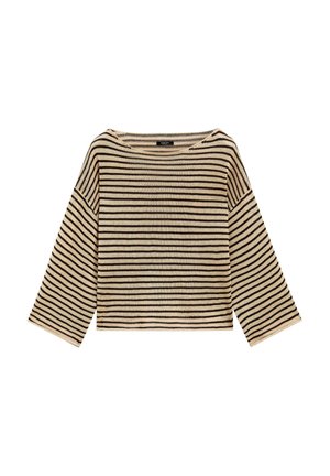 Haut en maille à manches longues à rayures horizontales beige et noires, avec des manches larges et un col bateau, posé à plat sur un fond blanc.