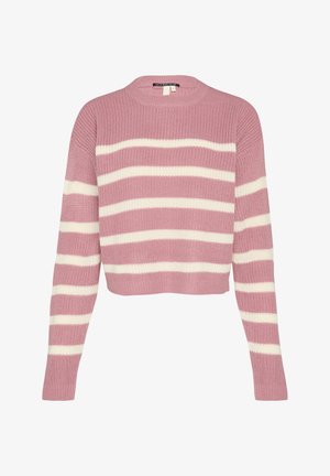 Rožinė ir balta juostuota trumpa megztinis, mezgimo tekstūra, apvalus kaklas, ilgomis rankovėmis, röbotos rankovių ir apačios, pasižymintis laisvu pritaikymu.