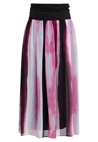 Lång kjol med en svart elastisk midja, tillverkad av lager av tyg i nyanser av rosa, lila och ljusblått med en flödande design.