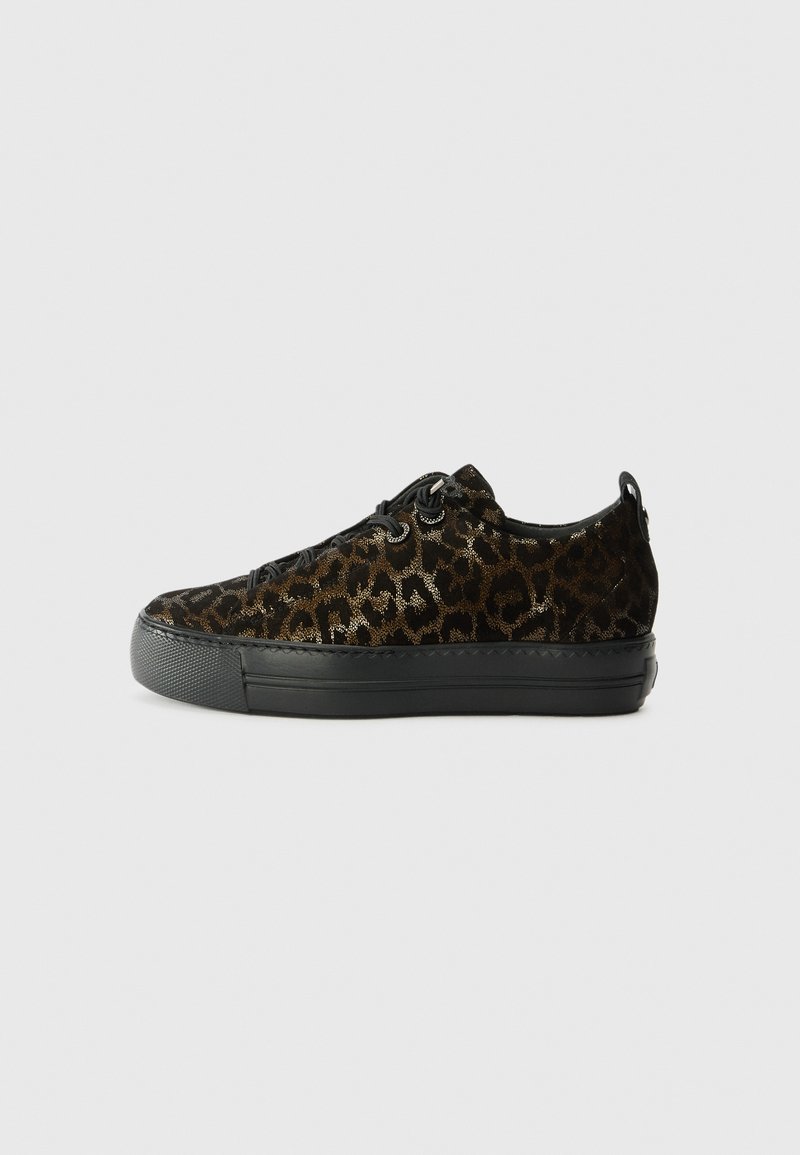 Black leopard print sneakers with a textured upper, round toe, and black rubber sole. Features contrasting hardware and lace-up design.