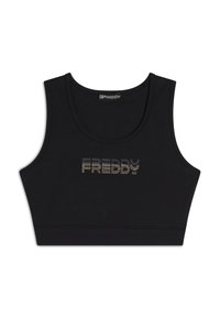 Top corto negro hecho de tela flexible, con un escote redondo y un logotipo de tachuelas metálicas acentuado en dorado en la parte delantera.