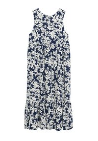 Robe fleurie marine avec des fleurs blanches, sans manches, bas évasé et taille froncée. Fabriquée en tissu léger.