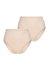 Beige högmidjade trosor gjorda av sömlöst stretchigt material, med en mjuk textur och logodetalj på midjebandet.