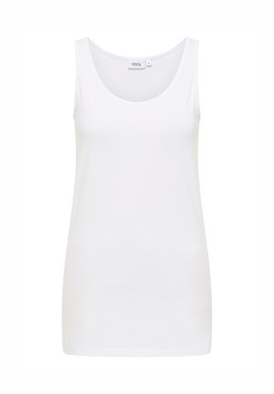 Hvid tanktop lavet af bomuld, med rund halsudskæring og brede stropper. Glat tekstur uden mønstre eller detaljer.