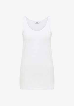 Hvid tanktop lavet af bomuld, med rund halsudskæring og brede stropper. Glat tekstur uden mønstre eller detaljer.