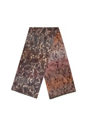 Foulard in seta con motivo paisley in tonalità di marrone, grigio e arancione, con una texture morbida e bordi frangiati.