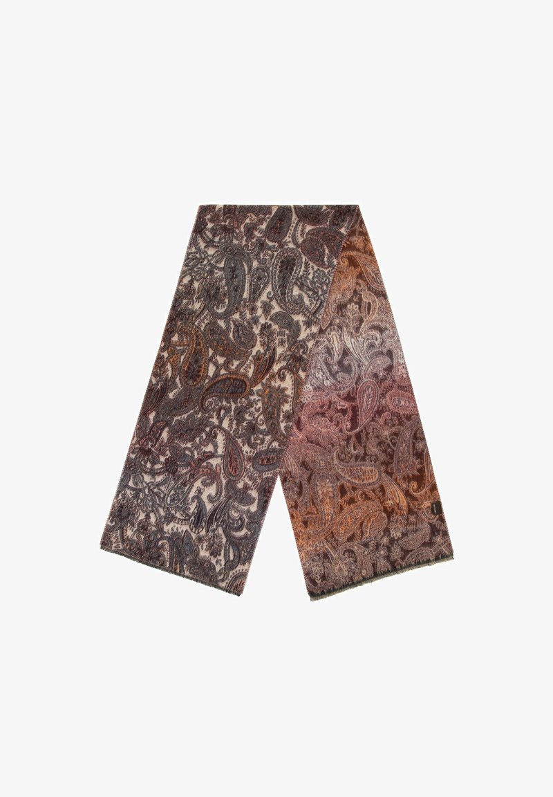 Foulard en soie à motif paisley dans des tons de brun, gris et orange, avec une texture douce et des bords frangés.