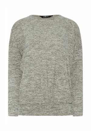 Suéter gris de punto con un ajuste relajado, cuello redondo y mangas largas. La tela presenta una textura jaspeada con sutiles variaciones.