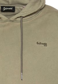 Oliwkowa bluza z kapturem na sznurku, z małym haftowanym logo w kolorze czarnym, wykonana z miękkiego materiału o gładkiej fakturze.
