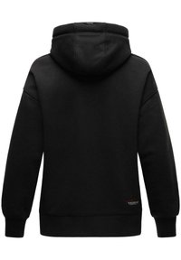 Black hoodie made of cotton blend, featuring a kangaroo pocket, ribbed cuffs, and hem. Attached adjustable hood with a label on the bottom right.