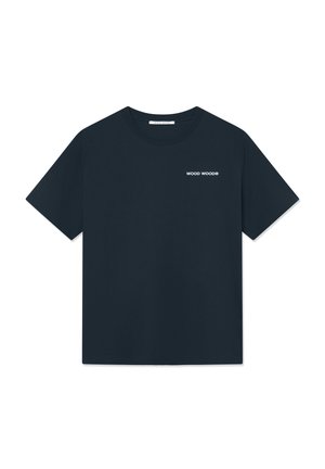 T-shirt bleu marine en coton, avec un col rond et des manches courtes. Un petit logo blanc est imprimé sur la partie gauche de la poitrine.