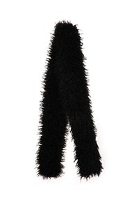 Scarf lungo in pelliccia sintetica nera e riccia, con una texture soffice, esposto su uno sfondo bianco semplice.