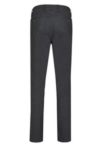 Schwarze, gewebte Hosen mit geradem Bein, Gesäßtaschen mit Knopfverschluss und einem strukturierten Stoff.
