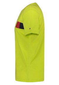 Camiseta de algodón verde lima con mangas cortas, que presenta una franja horizontal roja, blanca y azul en el pecho y un pequeño logo en la manga.