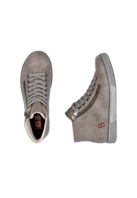 Gray suede high-top shoes with gray laces, side zip, white soles, and red logo accents on the outer side. Smooth texture, casual design.