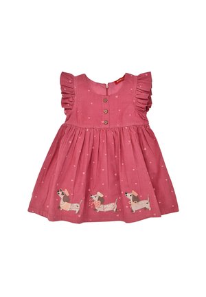 Rosa Kleid für Kleinkinder mit gerafften Ärmeln, drei Knöpfen vorne, kleinen Herzmustern und drei bestickten Hunden am Saum.