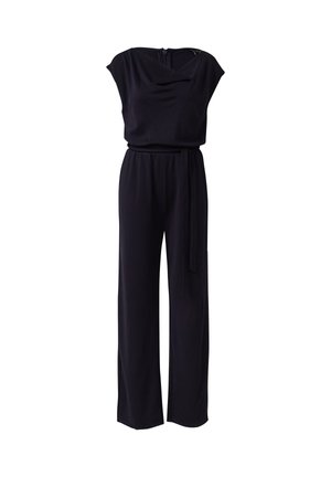 Zwart mouwloze jumpsuit met gedrapeerde halslijn, taille met ceintuur, wijde pijpen en ritssluiting aan de achterkant.
