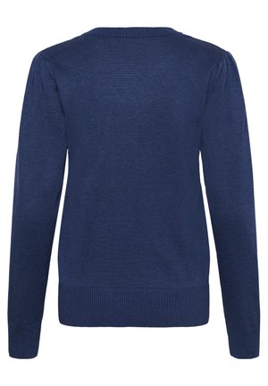 Tumesinine pikade varrukatega kudumist kampsun soonikkoes mansettide ja äärega, ümar kaelus ja õrnalt kogutud õlad.