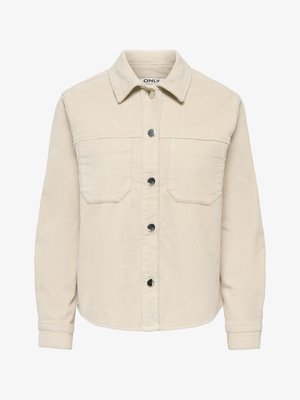 Veste beige en velours côtelé avec boutons, manches longues, deux poches poitrine et col pointu.