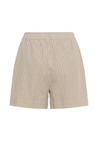 Short beige avec des rayures verticales blanches, taille élastique et coupe décontractée, présenté sur fond blanc.