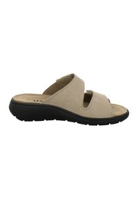 Beige open-toe slip-on sandal with two wide straps, cushioned insole, and black textured sole for comfort and casual wear.