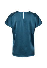 Bluză scurtă cu mâneci, de culoare teal, realizată dintr-un material neted. Are o textură subtilă și un decolteu în formă de cheie la spate, cu închidere prin fermoar.