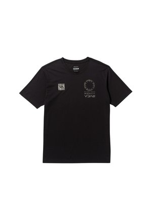 Zwart katoen T-shirt met een ronde halslijn, korte mouwen, meerdere bedrukte logo's en een gestructureerde patch op de linker borst.