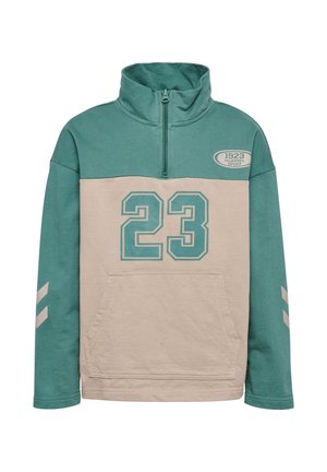 Sweatshirt med turkis øverste del og ærmer, beige torso, halv lynlås krave, stort nummer 23 foran og kængurulomme.
