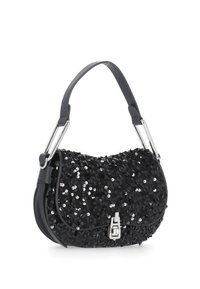 Borsa a tracolla nera in paillettes con forma curvata, tracolla regolabile e accessori in argento. Presenta una superficie testurizzata e una chiusura a scatto.