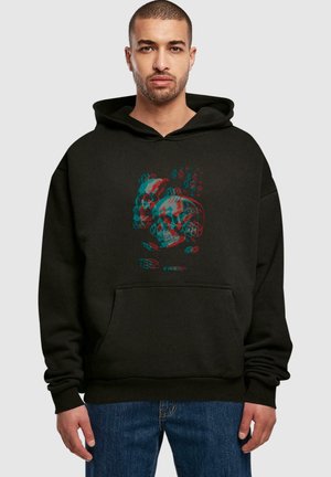 Black hoodie made of soft fabric, featuring a colorful skull graphic on the front. It has a spacious pouch pocket and adjustable drawstring hood.