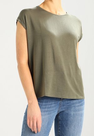 Olive green short-sleeve t-shirt with a round neckline, relaxed fit, and soft texture. Paired with blue denim jeans.