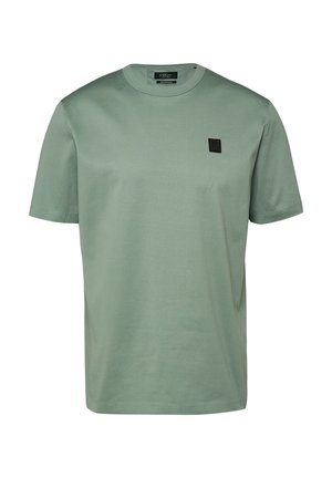 Effen lichtgroen katoenen T-shirt met korte mouwen, een ronde hals en een klein zwart vierkant logo op de linkerborst.