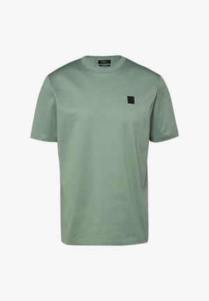 Prosty jasny zielony bawełniany T-shirt z krótkim rękawem, okrągłym dekoltem i małym czarnym kwadratowym logo na lewej piersi.