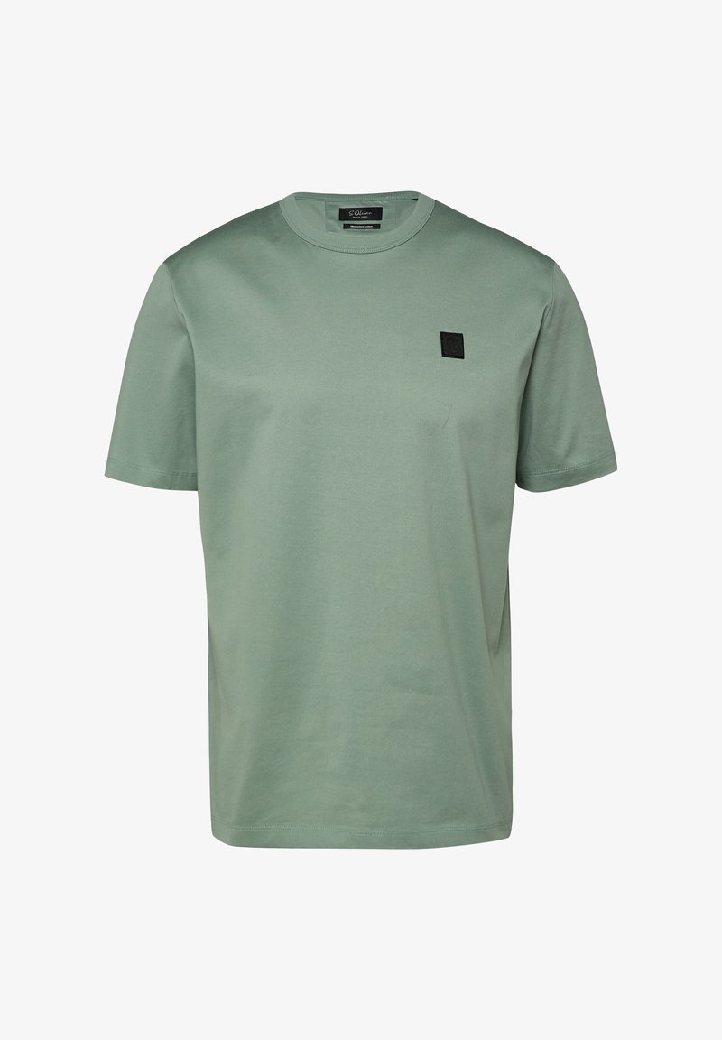 T-shirt en coton vert clair uni à manches courtes, col rond, avec un petit logo carré noir sur la poitrine gauche.