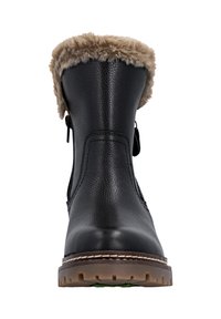 Schwarzlederne Stiefel mit einem mit Fell gefütterten Bündchen, seitlichem Reißverschluss und strukturiertem Finish. Ausgestattet mit einer robusten Sohle und kontrastierenden Nähten.