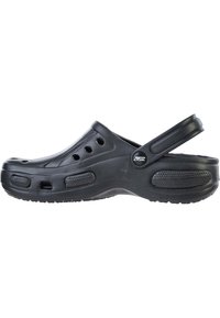 Zwarte harsklomp met ventilatiegaten, een achterband en een gestructureerde zool. Lichtgewicht, ergonomisch ontwerp voor comfort en gemakkelijk dragen.