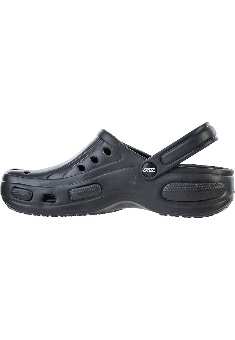 Zwarte harsklomp met ventilatiegaten, een achterband en een gestructureerde zool. Lichtgewicht, ergonomisch ontwerp voor comfort en gemakkelijk dragen.