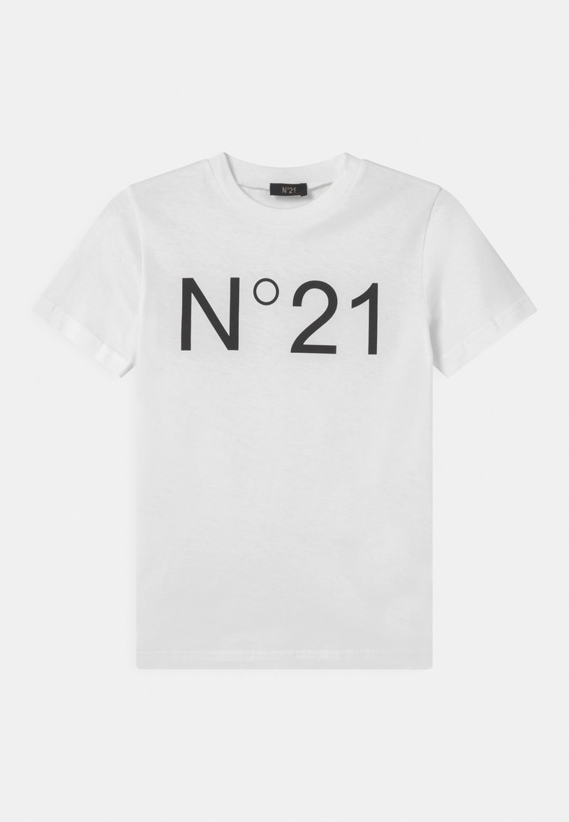 Hvit bomull t-skjorte med svart "N°21" grafikk foran, kortermet og rund hals. Myk tekstur, standard passform.