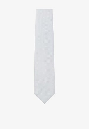 White tie with a textured pattern, featuring a pointed end. The fabric appears smooth, showcasing diagonal ribbing throughout.