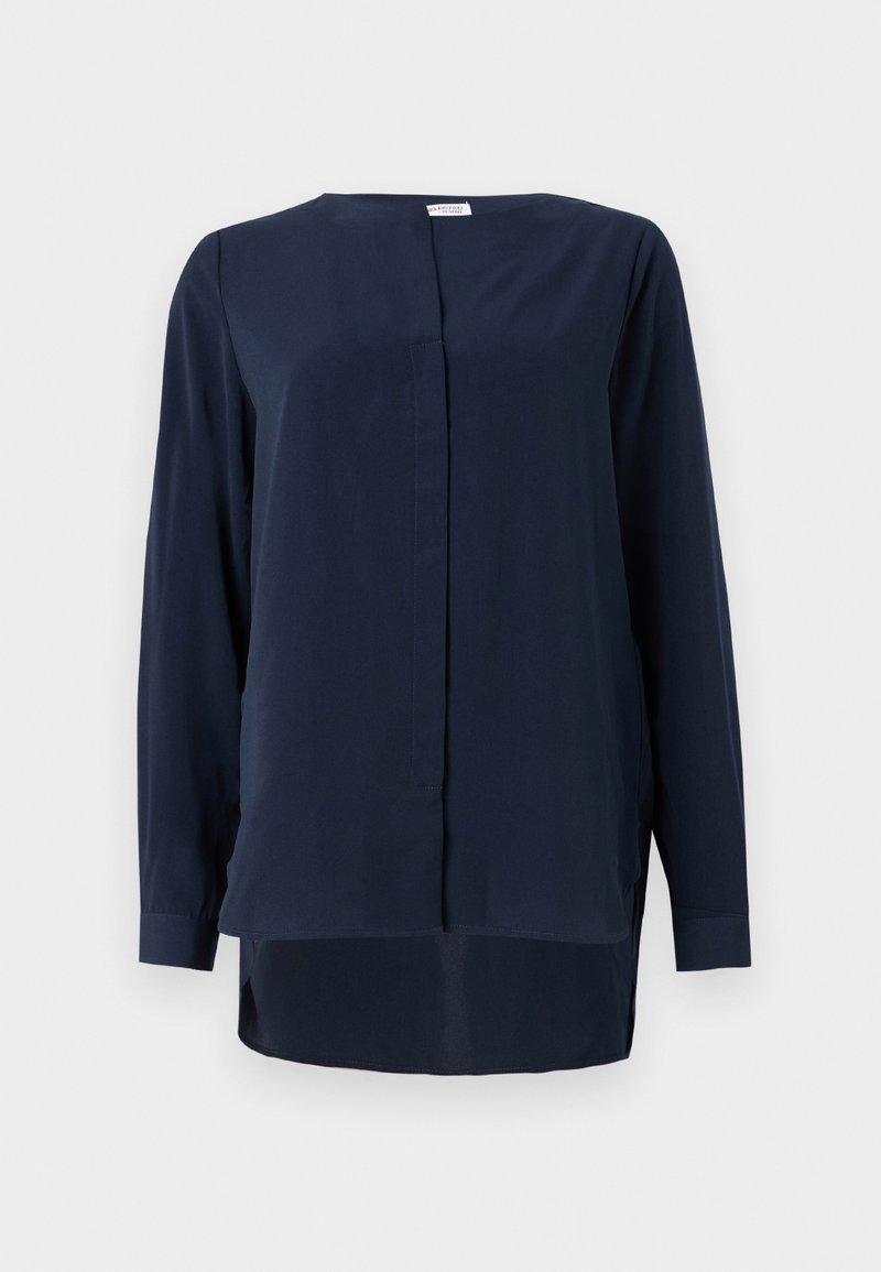 Dunkelmarineblaue Bluse mit langen Ärmeln und rundem Ausschnitt, versehen mit einer Nahtdetail an der Vorderseite und seitlichen Schlitzen, aus glattem, leichtem Stoff.