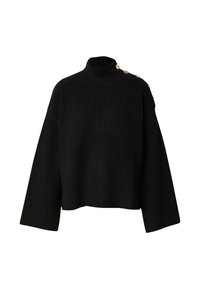 Schwarzer gerippter Rollkragenpullover mit weiten Ärmeln und einem verkürzten Design, das goldene Knöpfe entlang der Schulter für zusätzliche Details aufweist.