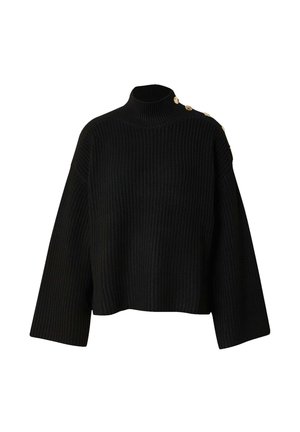Pull à col roulé noir côtelé avec des manches larges et un design court, ornée de boutons dorés le long de l'épaule pour plus de détails.