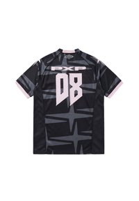 Black and gray short-sleeve sports jersey with pink "PXP" and "08" on back, featuring abstract star patterns and mesh side panels.