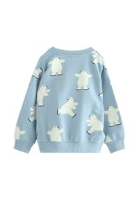 Hellblaues Sweatshirt mit weißen Eisbärmustern, ausgestattet mit gerippten Bündchen und Halsausschnitt, weicher Textur und einem entspannten Schnitt.