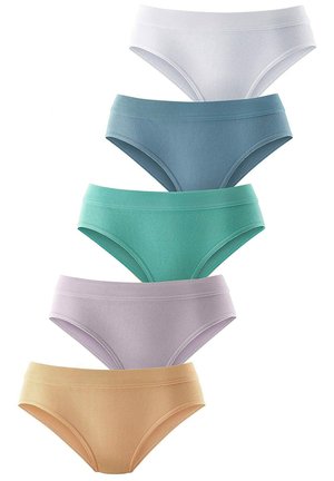 A set of five women's cotton briefs in pastel colors: white, teal, mint green, lavender, and peach, featuring a ribbed texture and waistband.